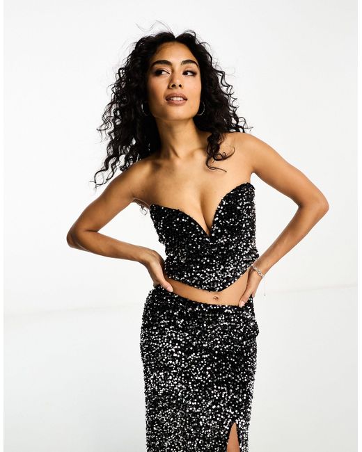 4th & Reckless Black Sequin Plunge Bandeau Top Co-ord