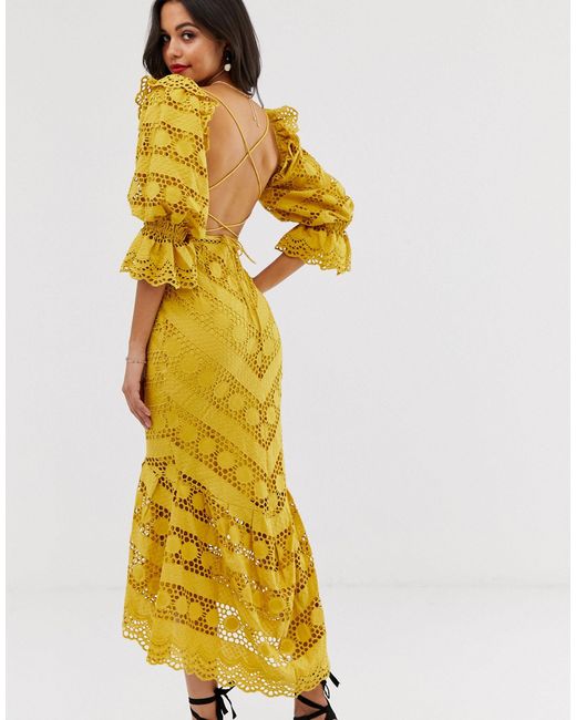 ASOS – Milchmädchen-Kleid mit Lochstickerei in Gelb | Lyst DE