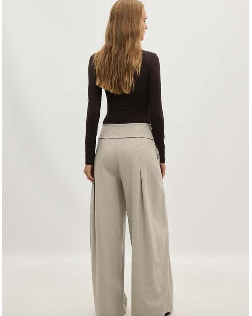 Stradivarius Natural Wide-leg Trousers With Turned-up Waistband