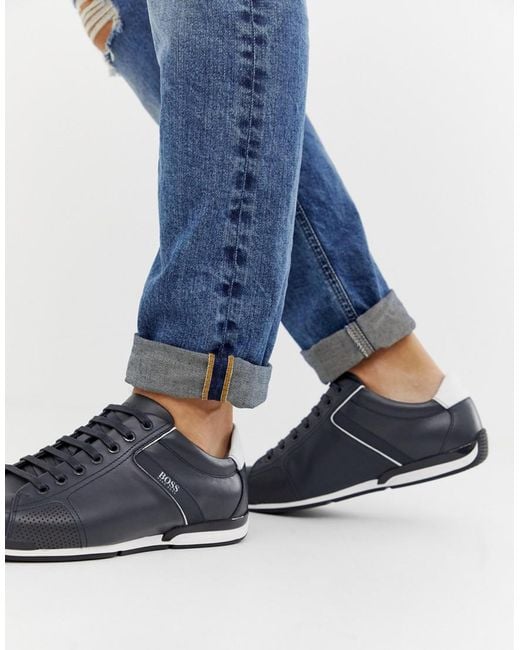 BOSS by HUGO BOSS Saturn Leather Trainers In Navy in Blue for Men | Lyst  Australia