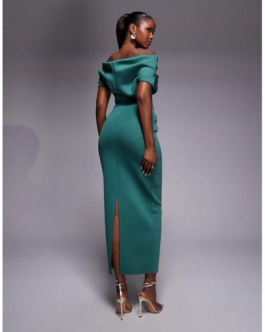 ASOS Blue Ruched Off The Shoulder Midi Dress