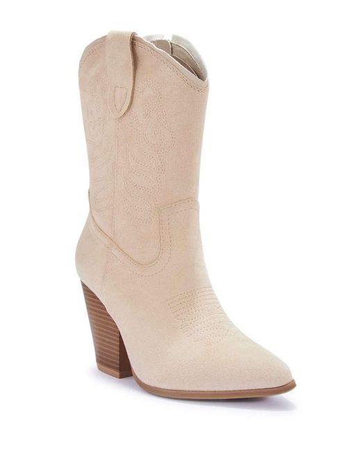 SEQWL Natural Western Cowboy Mid Calf Boots Embroidered With Pointed Toe