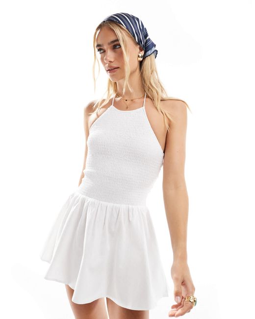 esmé studios White Esmee Exclusive Shirred Detail Halter Mini Beach Dress