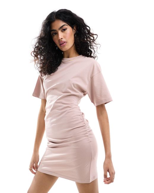 ASOS Pink Crew Neck Mini T-shirt Dress With Ruched Sides