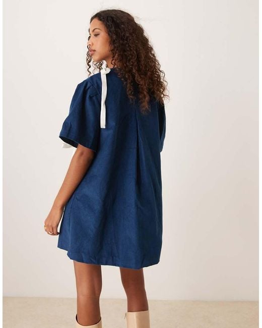 Ghospell Blue Contrast Bow Mini Dress