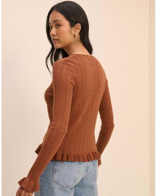 Nobody's Child Brown Rib And Ruffle Sheer Knit Cardigan