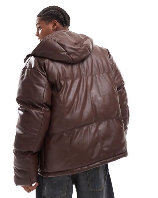 ASOS Brown Faux Leather Puffer Jacket With Hood for men