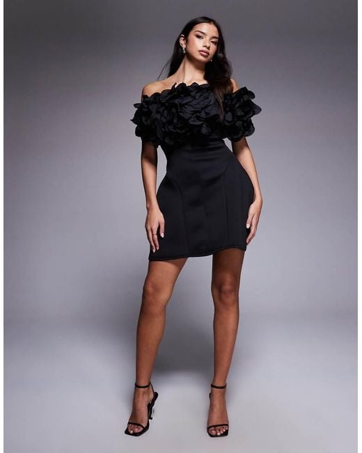 ASOS Black One Off Shoulder Mini Lantern Dress With Corsage Trim Bodice