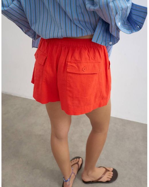 TOPSHOP Red Linen Mini Short With Drawcord