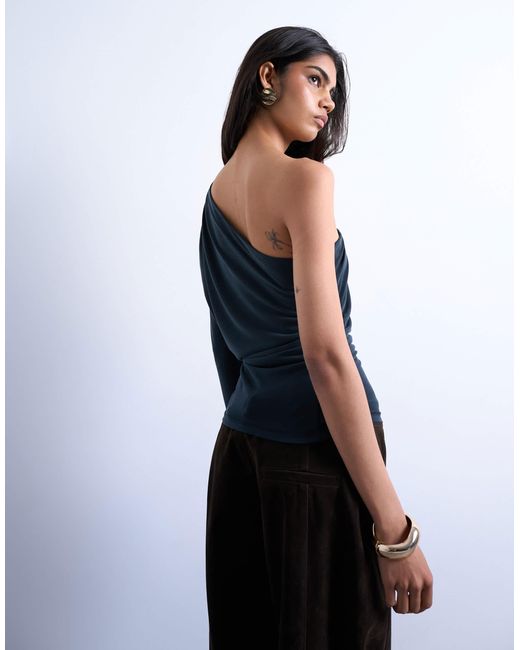 TOPSHOP Blue Cupro Ruched One Sleeve Top