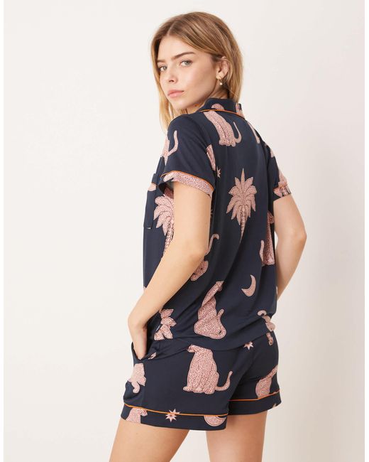 Chelsea Peers Blue Poly Short Sleeve Revere And Shorts Set