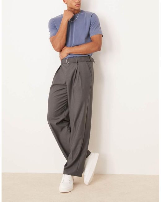 ASOS Gray Smart Wide Leg Belted Trousers With Front Pleat for men