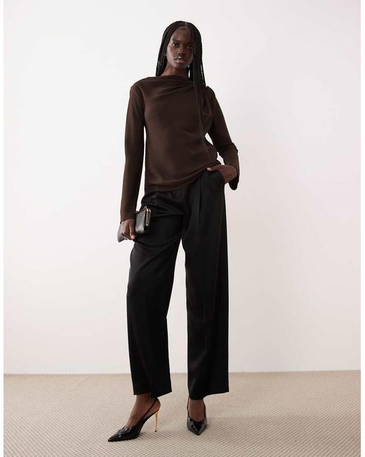 Mango Brown Drape Neck Long Sleeve Top
