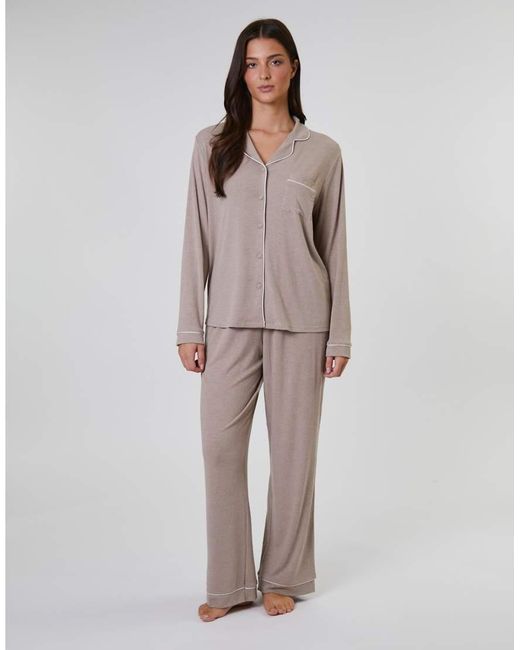 Loungeable Gray Rib Long Sleeve Traditional Shirt And Long Pant