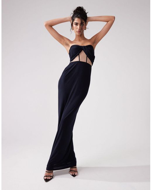 ASOS Blue Drape Twist Front Bandeau With Rouleaux Strapping And Invisible Mesh Maxi Dress
