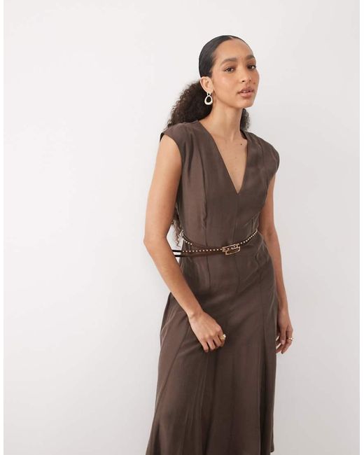 Mango Natural V Neck Belted Midi Dress