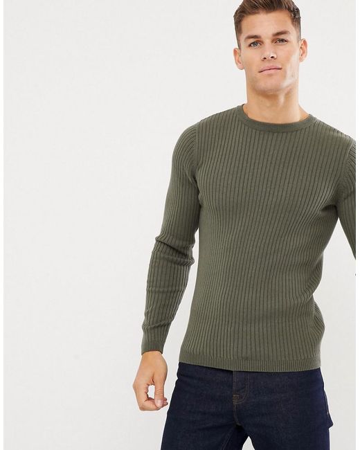 New Look Green Muscle Fit Sweater In Khaki for men