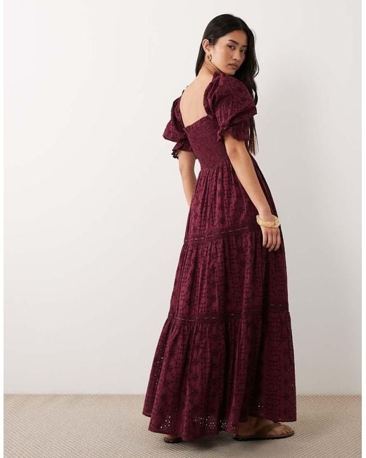 Miss Selfridge Red Puff Sleeve Broderie Maxi Dress