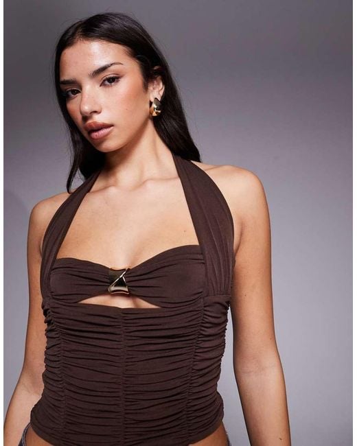 Tiger Mist Brown Briallen Halterneck Gold Hardware Keyhole Detail Ruched Crop Top