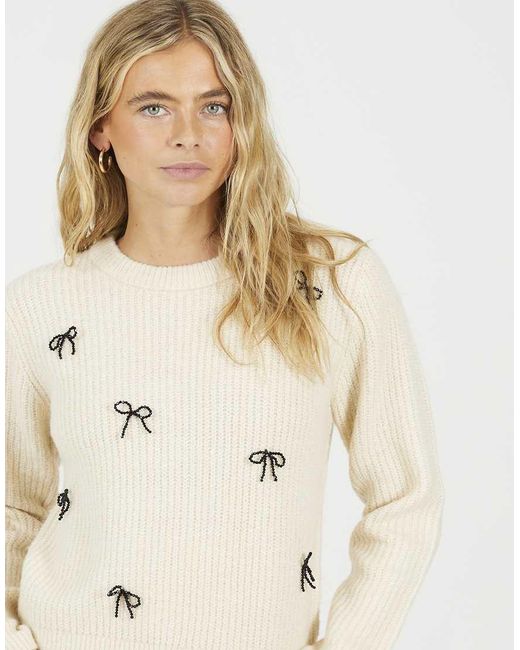 Brave Soul Natural Crew Neck Jumper With Jewel Bow Detail