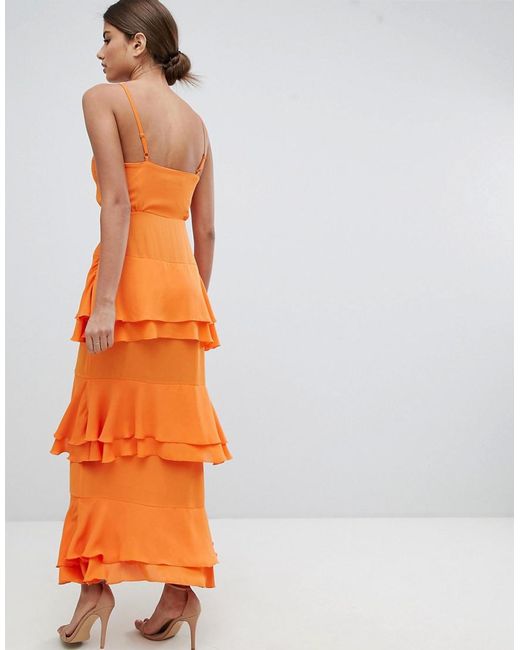 Missguided Strappy Tiered Maxi Dress in Orange | Lyst