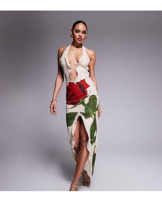 Murci Red Exclusive Mesh Ruffle Halterneck Deep Plunge Front Split Open Back Maxi Dress