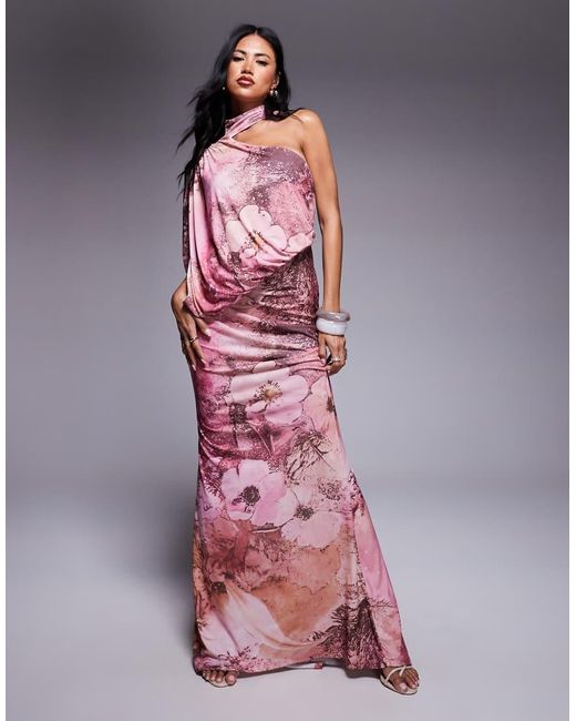 ASOS Gedrapeerde Maxi Jurk Met Blote Schouder En Cape-Detail in het Pink