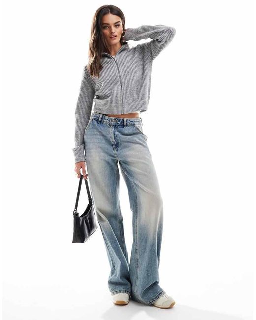 Threadbare Gray High Collar Ribbed Zip Through Jumper