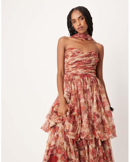 LACE & BEADS Maxi Jurk Van Tule Met Stroken En Sjaal in het Red