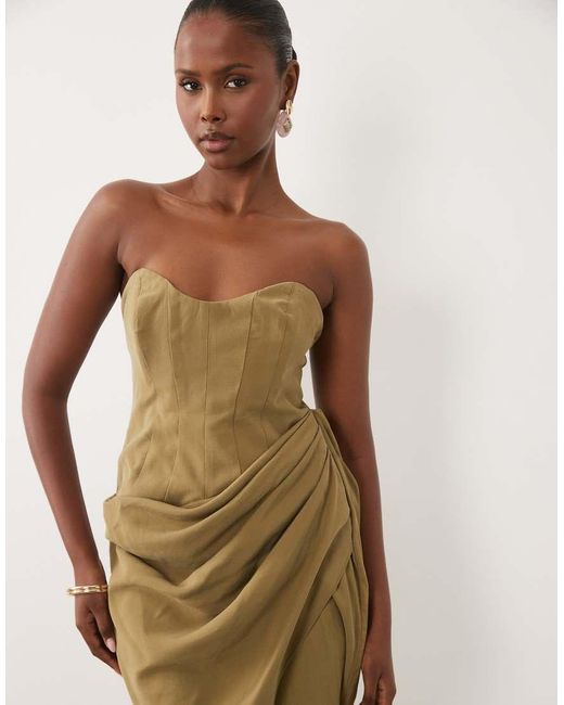 ASOS Natural Bandeau Draped Midaxi Dress With Slit