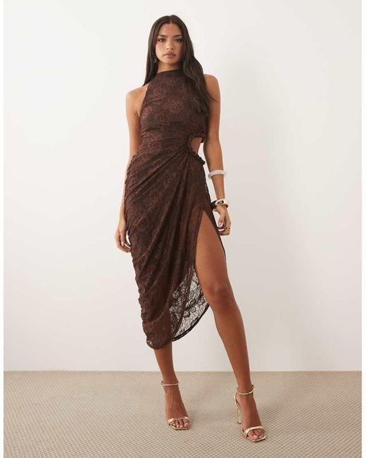 ASOS Natural Lace Maxi Dress With Ruched Cut Out Detail