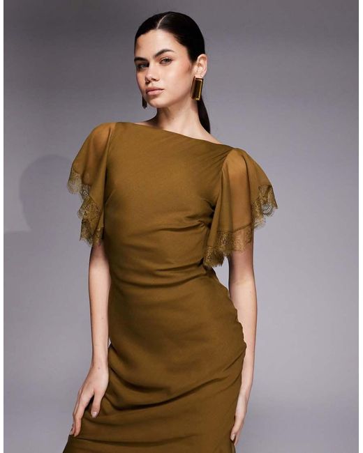 ASOS Brown High Neckline Midaxi Dress With Flutter Sleeve And Asymmetric Hem Shape With Lace Trim Detailing