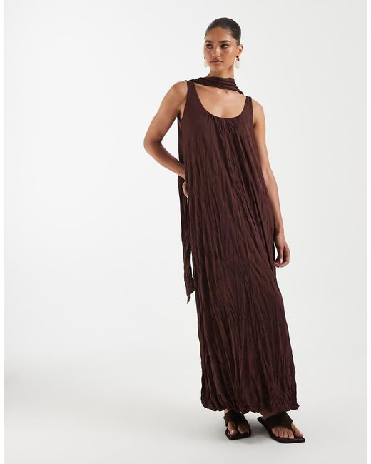 ASOS Brown Crinkle Scoop Neck Maxi Dress With Scarf Detail
