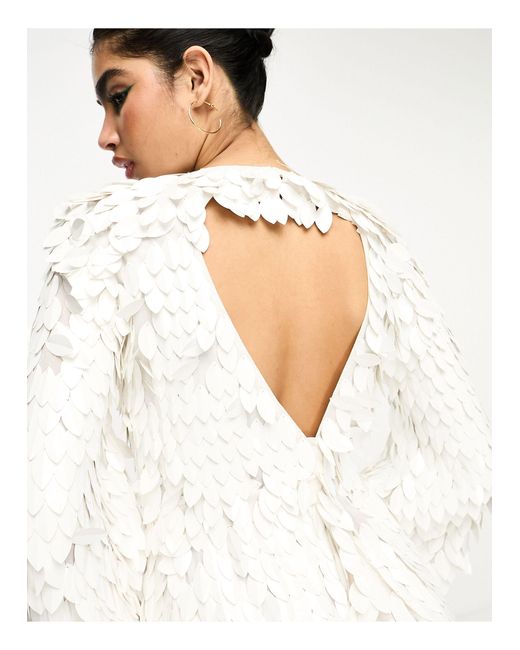 ASOS White All Over Feather Sequin Embellished Long Sleeved Mini Dress
