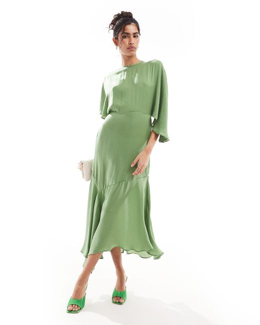 ASOS Green Satin Flutter Sleeve Asymmetric Hem Midi Dress