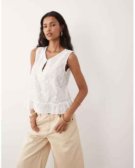 Vila White Floral Applique Cotton Top With Frill Trim