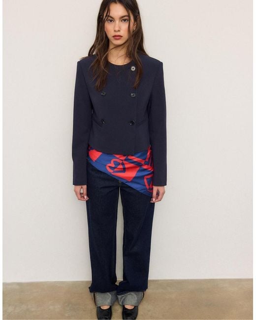 Stradivarius Blue Cropped Round Neck Blazer