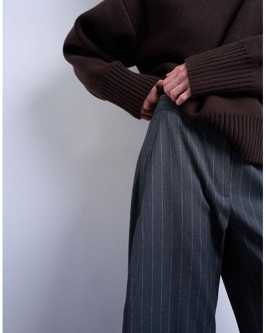 TOPSHOP Blue Tailored Stripe Barrel Leg Pants