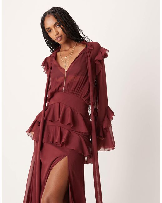 red long sleeve dress asos ASOS DESIGN long sleeve satin maxi dress with full skirt and godets in red