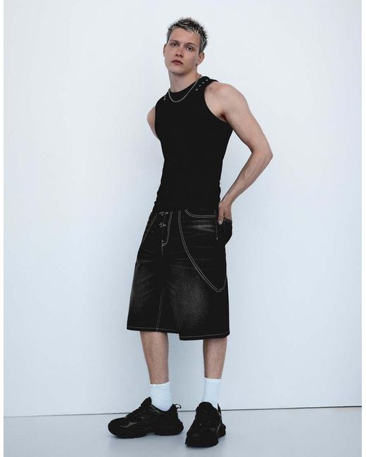 Bershka White Baggy Denim Bermuda Shorts With Clasps for men