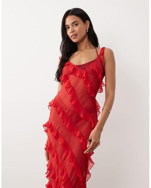 Miss Selfridge Red Beach Asymmetric Ruffle Low Back Maxi Dress