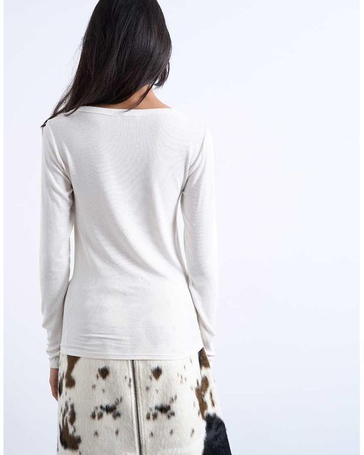 TOPSHOP White Premium Rib Long Sleeve Wide Scoop Neck Top