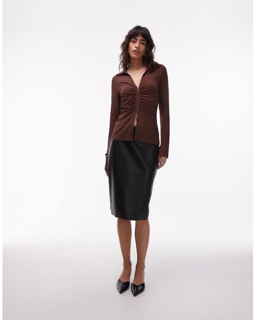 ASOS Brown Slinky Ruched Hook And Eye Longline Top