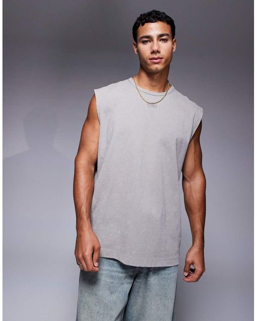 Camiseta Beis Lavado Sin Mangas Extragrande Con Estampado Gráfico De Texto De Tejido Grueso De 220 G/M² De -Gris ASOS de hombre de color Gray