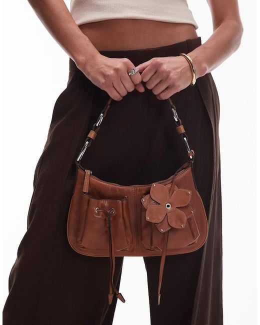 Mango Brown Leather Shoulder Bag With Flower Charm