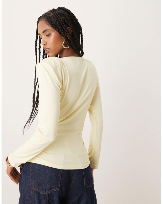 ASOS Natural Cupro Cinched Shoulder Pad Top With Long Sleeve Detail
