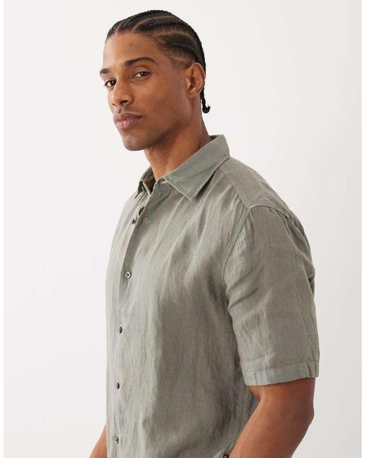 Boss Gray Hugo Boss Regular Fit Linen Short Sleeve Button Up Shirt for men