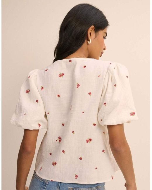 Nobody's Child Natural And Floral Puff Sleeve Top