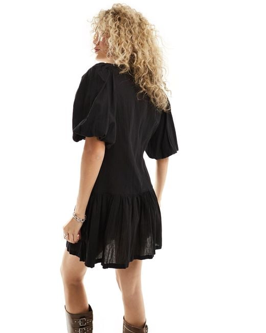 Monki Black Short Balloon Sleeve Mini Dress With Pleated Volume Bottom