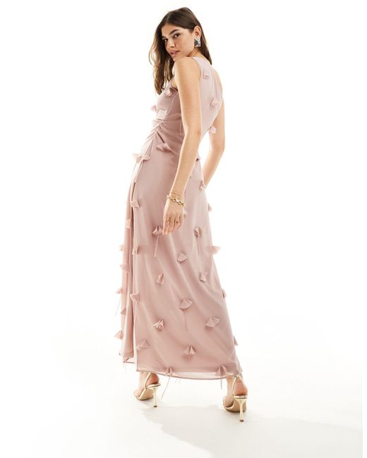 TFNC London Pink Bridesmaid Chiffon 3d Flower Detail One Shoulder Maxi Dress